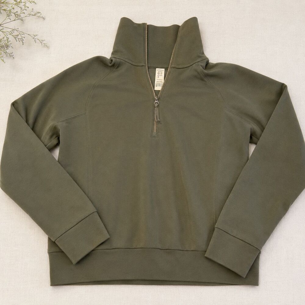 SPANX AirEssentials Half Zip Pullover Sweatshirt Women M Olive Green Modal